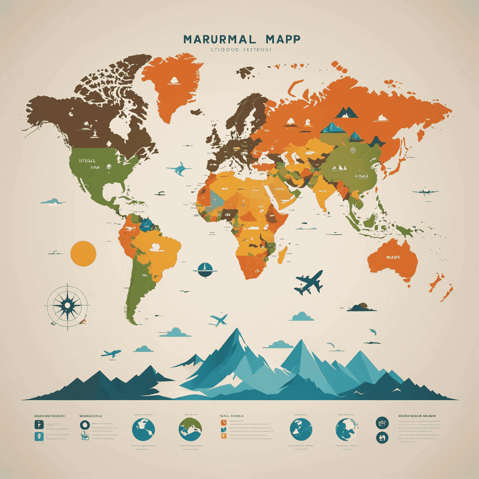 Minimalist world map illustration with travel icons