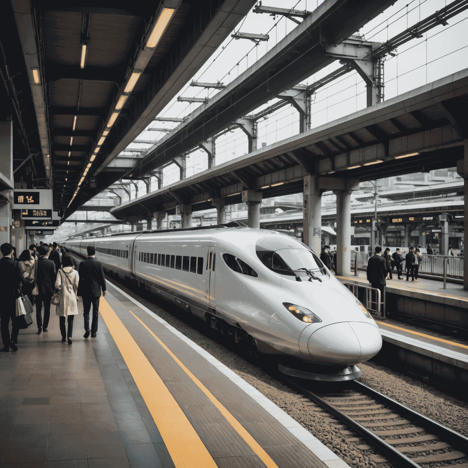 Busy Japanese train station with commuters and a sleek bullet train