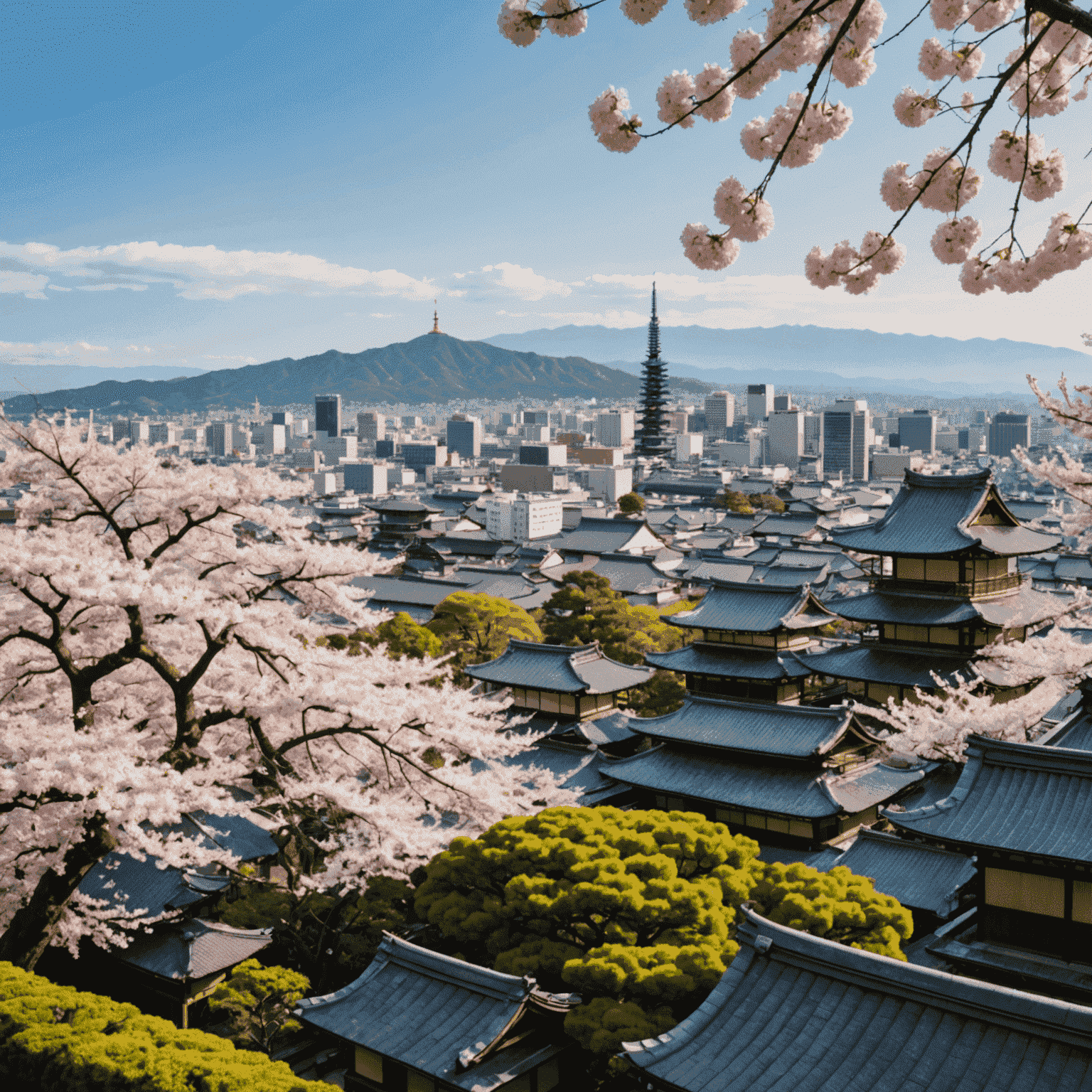 A panoramic view of Kyoto's skyline, showcasing traditional Japanese architecture with modern buildings in the background. Cherry blossom trees line the foreground, creating a beautiful contrast.