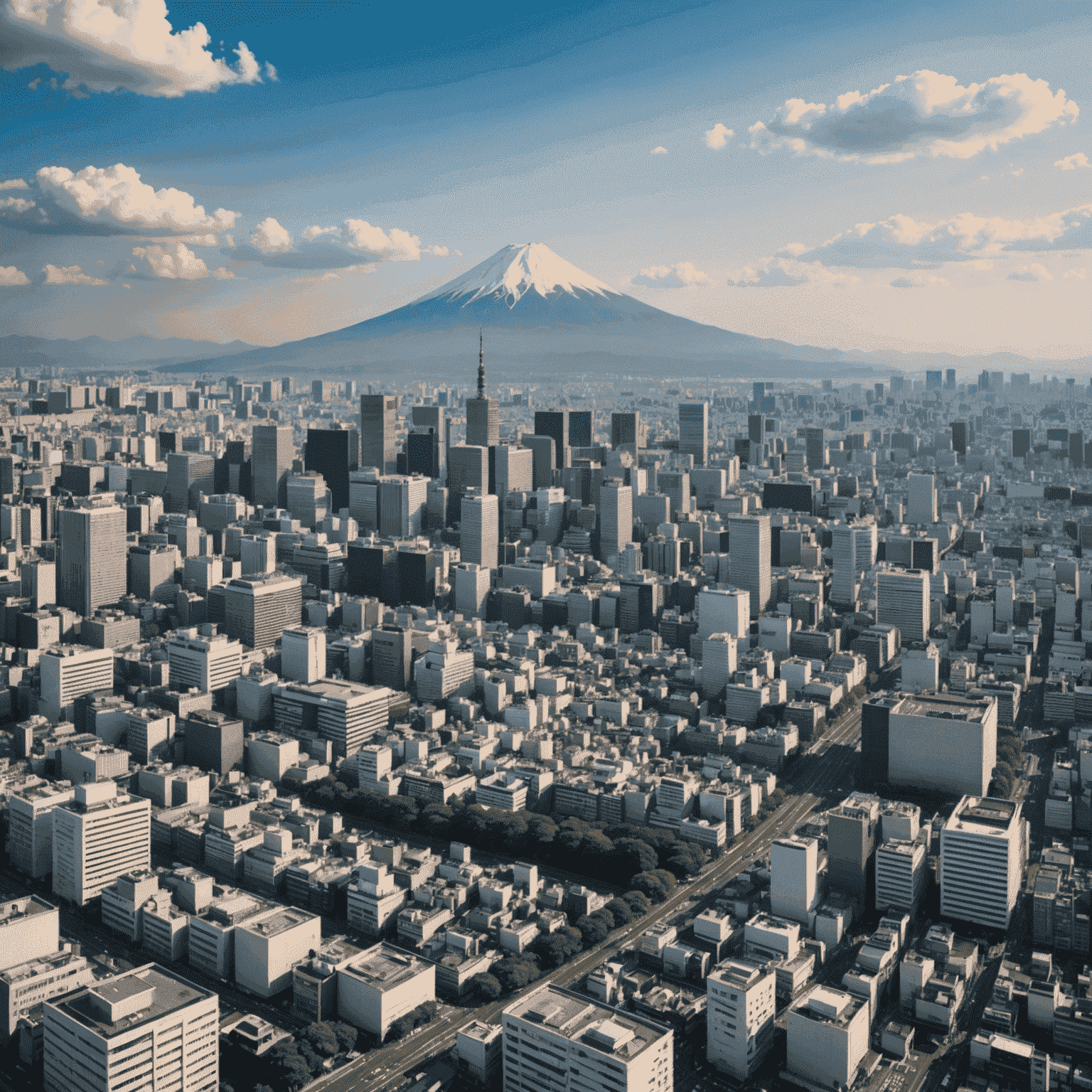 A panoramic view of Tokyo skyline with Mount Fuji in the background, symbolizing the blend of modern and traditional Japan