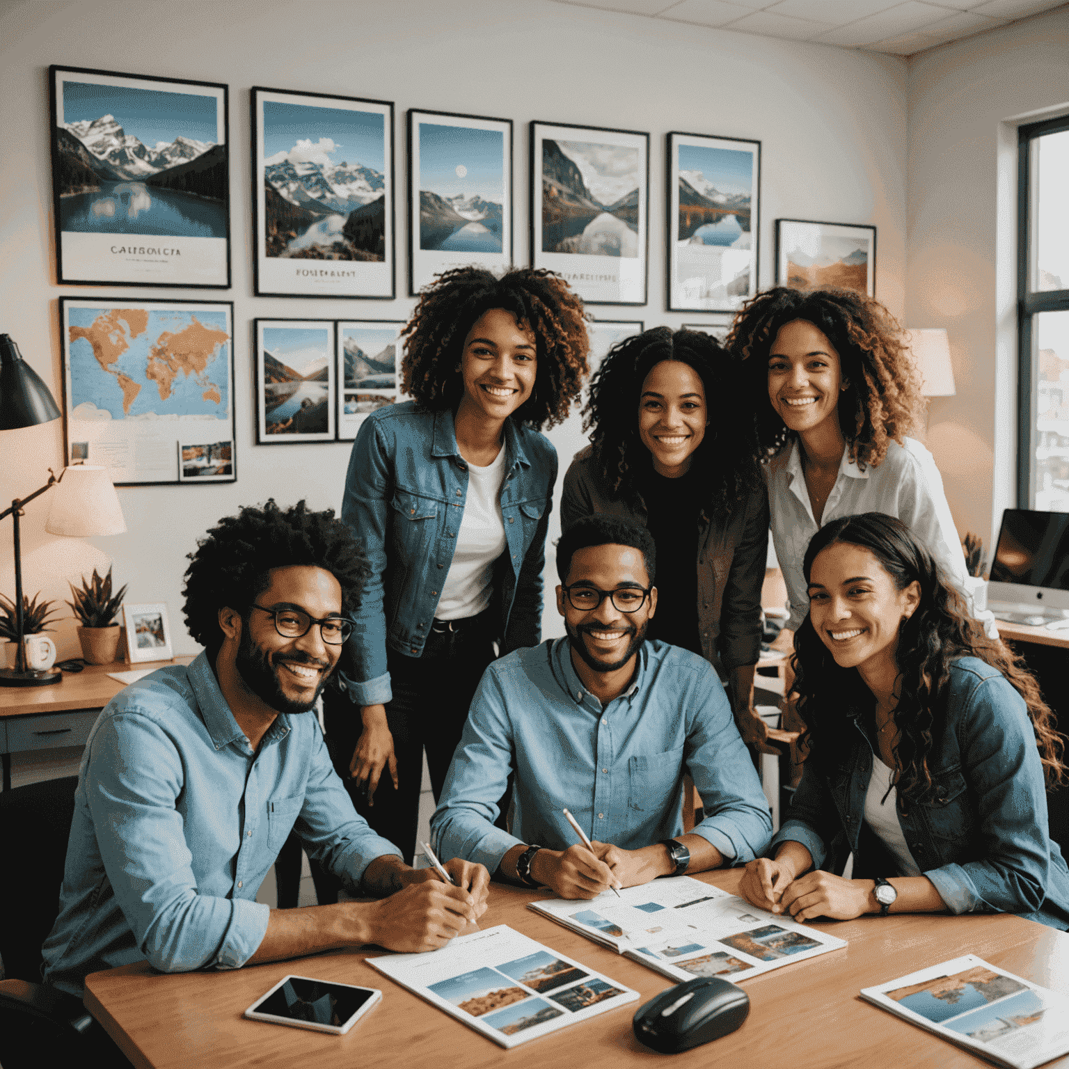 A diverse group of FolioTrip team members smiling and planning trips in a cozy office space with travel memorabilia