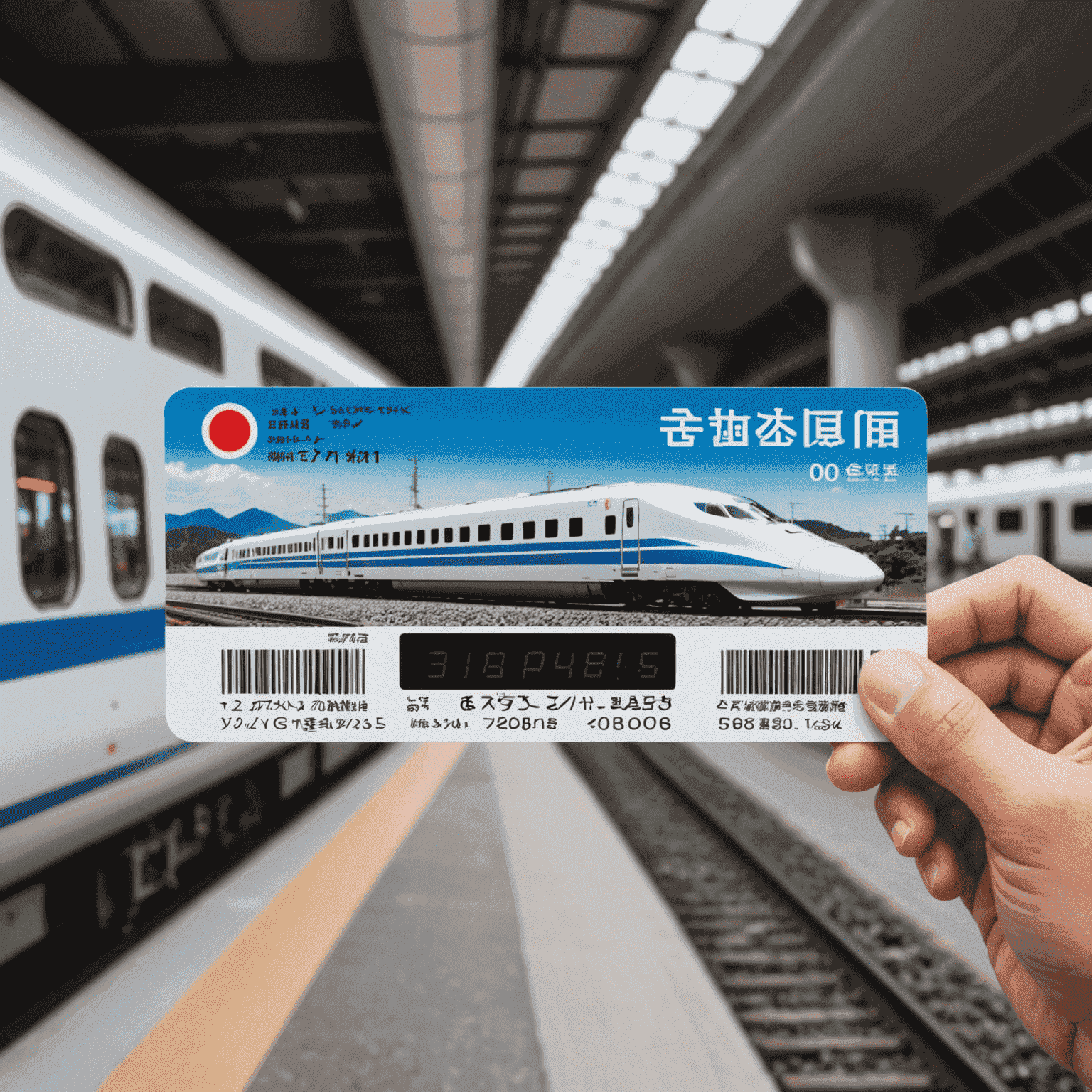 Japan Rail Pass being held in front of a Shinkansen bullet train