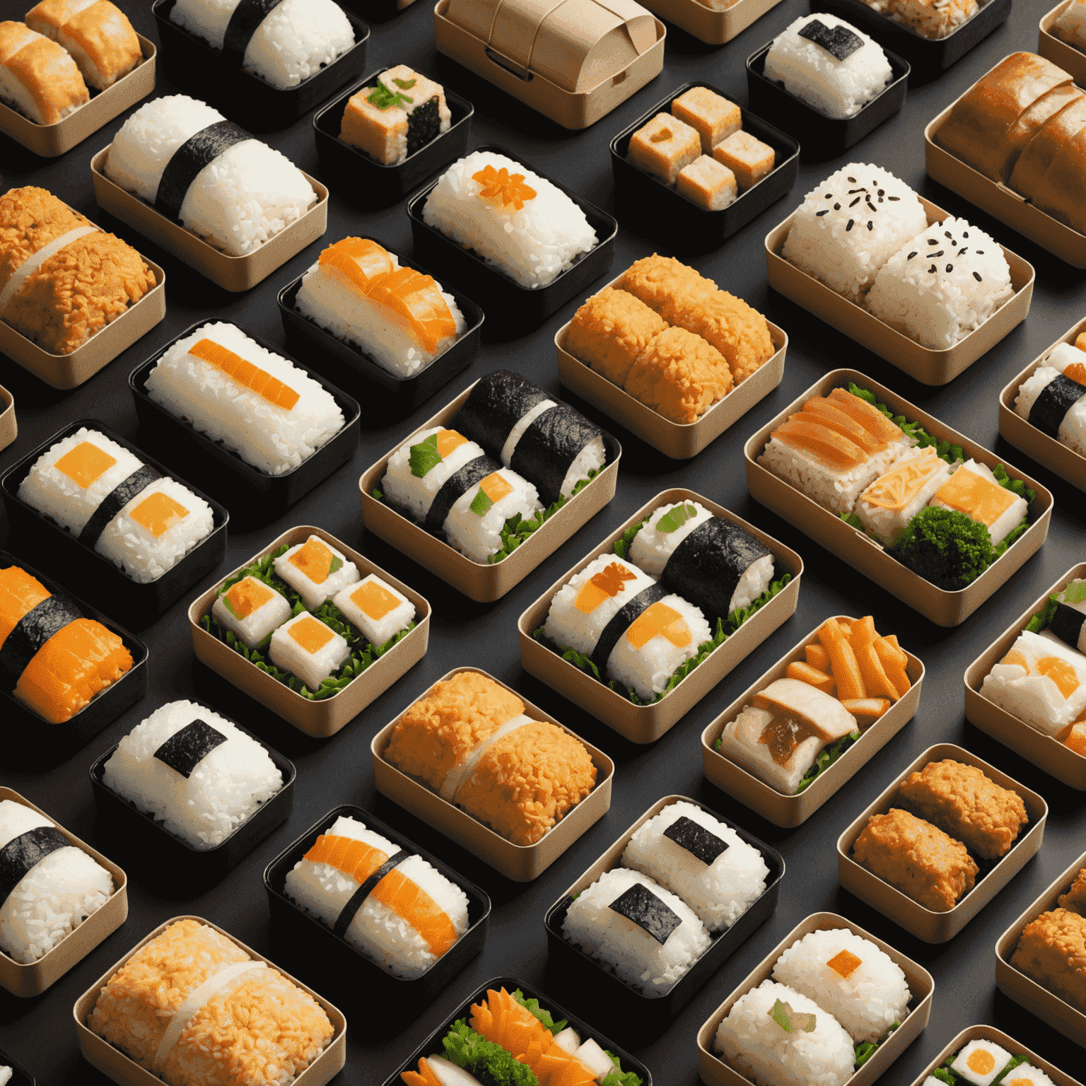 A display of various convenience store foods including onigiri, bento boxes, and sandwiches