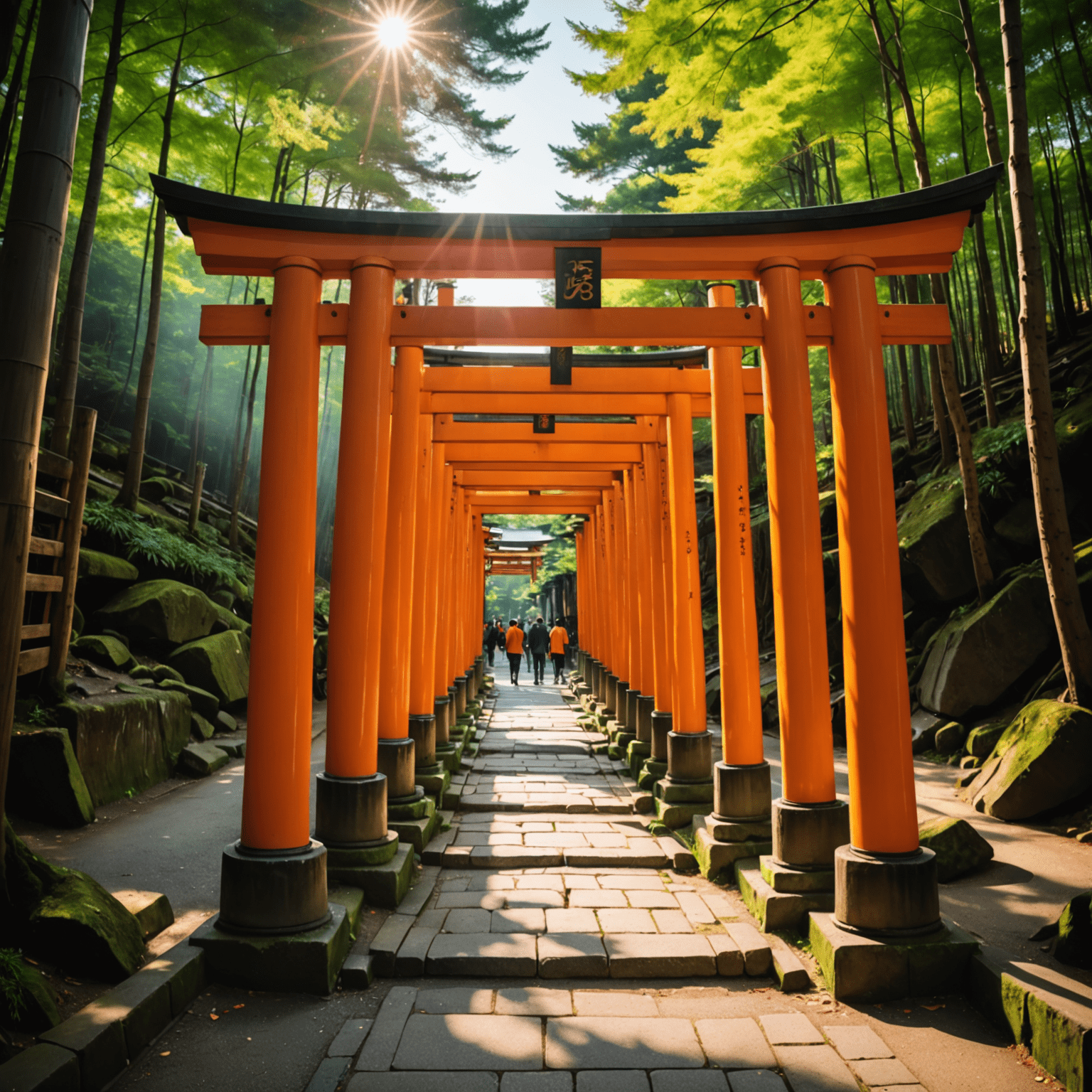 The iconic orange torii gates of Fushimi Inari Shrine forming a tunnel-like path up the mountain. Sunlight filters through the gates, creating a mystical atmosphere.