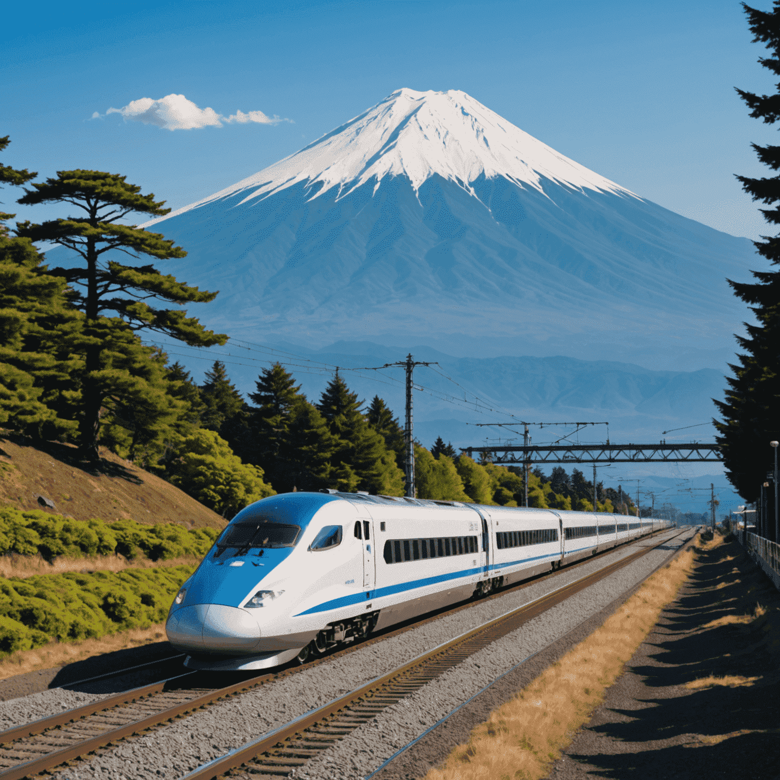 A Japanese bullet train (Shinkansen) speeding past Mount Fuji, representing efficient and scenic travel in Japan