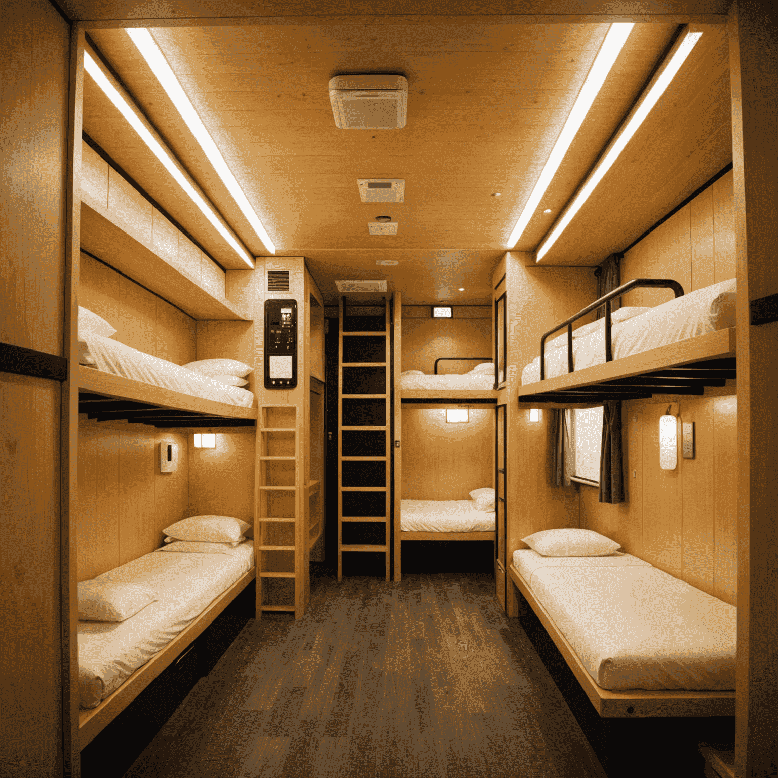 Various budget-friendly accommodations in Tokyo, including a capsule hotel pod, a cozy ryokan room, and a compact budget hotel room.