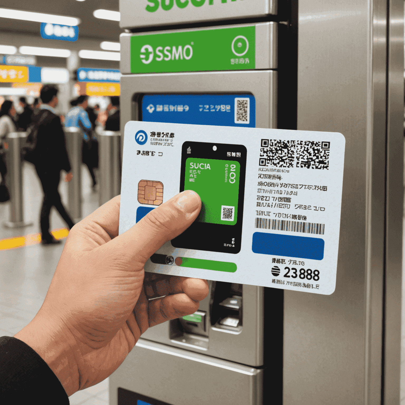 Hand holding a Pasmo or Suica IC card in front of a ticket gate