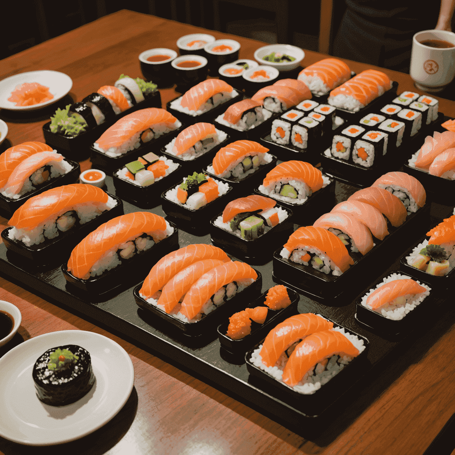 A conveyor belt sushi restaurant with various sushi plates priced at 100 yen