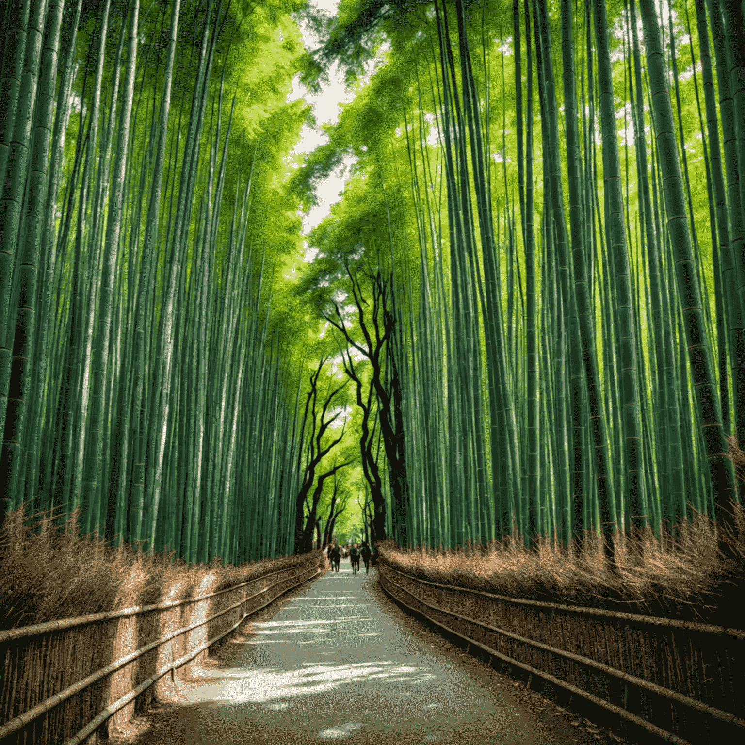 A path winding through tall bamboo trees in Arashiyama Bamboo Grove. Sunlight filters through the dense canopy, creating a ethereal green glow.