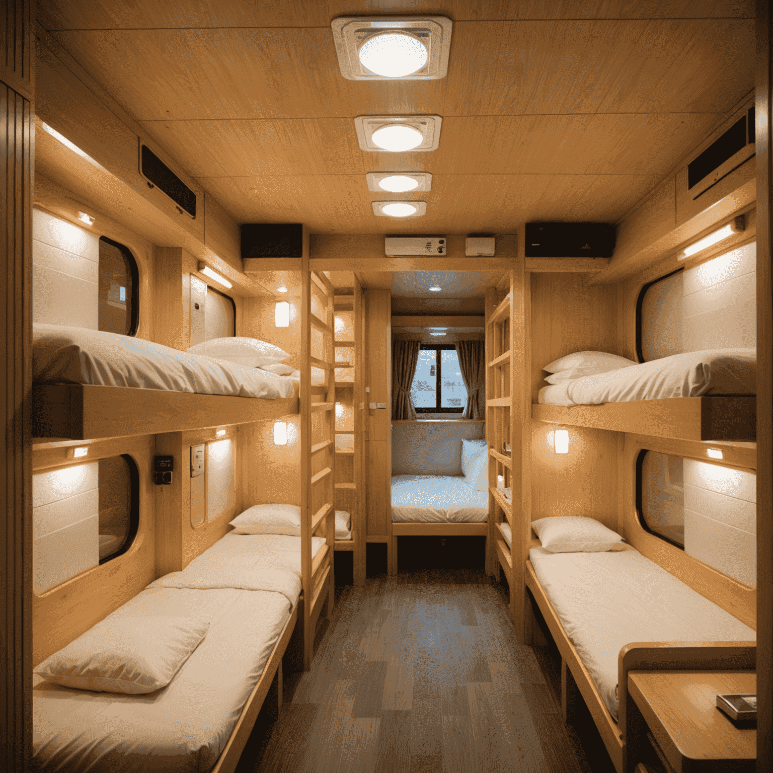 A cozy capsule hotel interior, showcasing a modern and budget-friendly accommodation option in Japan