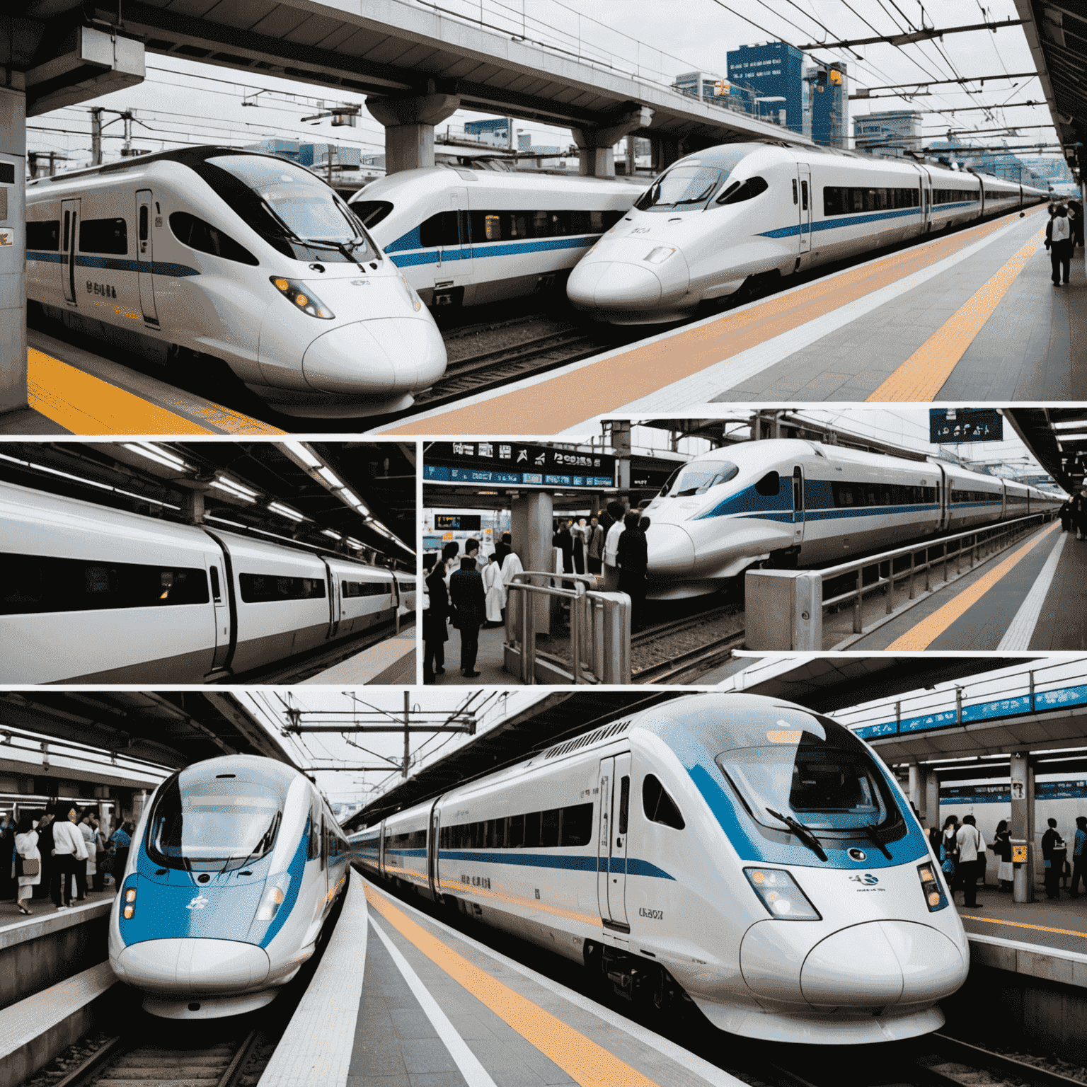 Collage of Japan's public transportation, featuring a shinkansen bullet train, a local bus, and a subway station with passengers using rail passes.