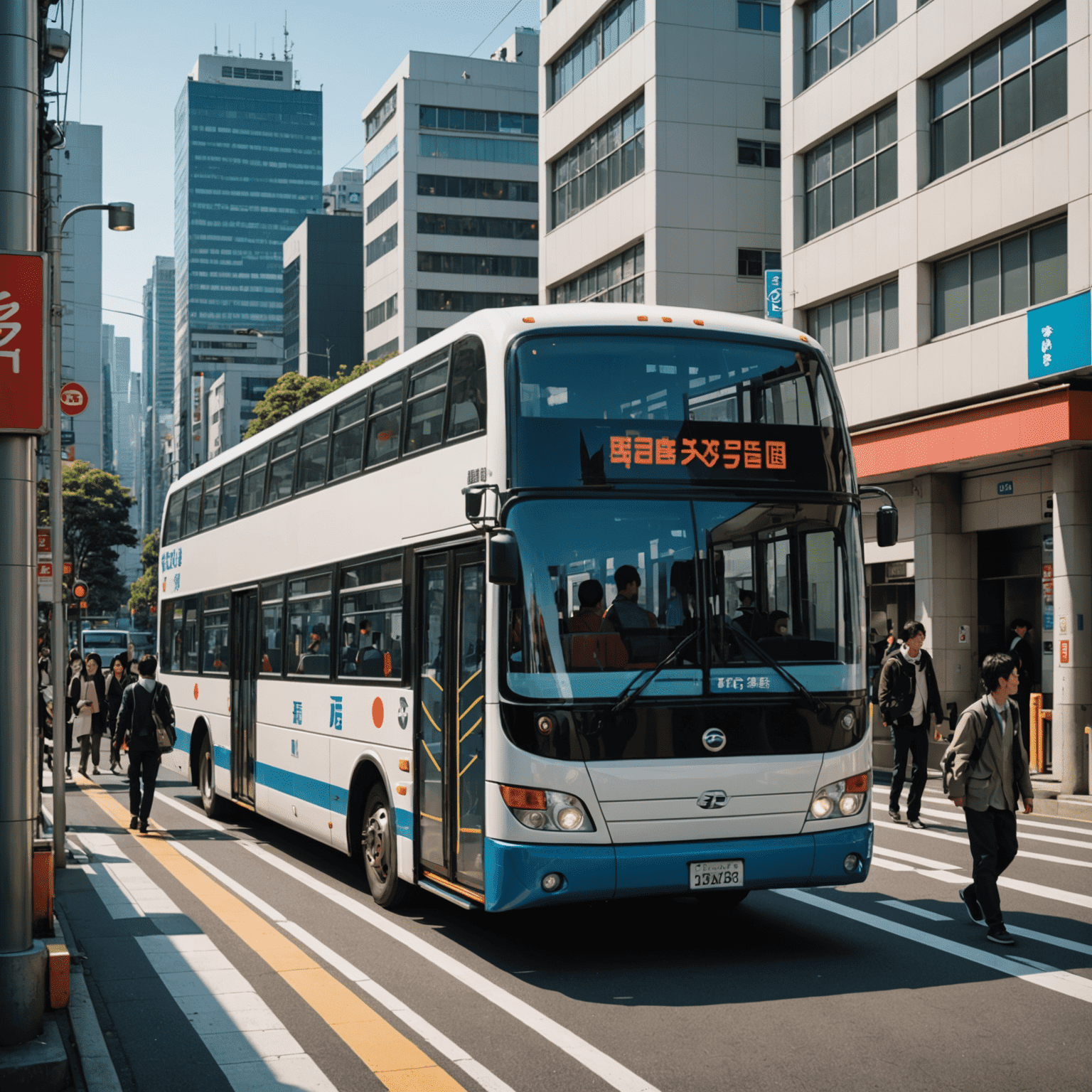 Modern Japanese bus with passengers boarding, set against a cityscape