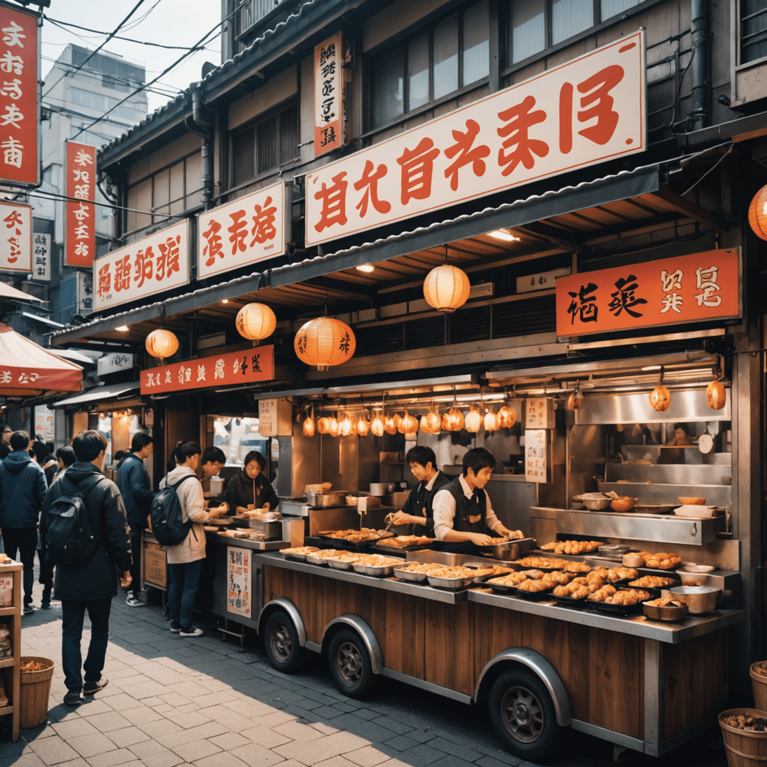 A bustling Japanese street food market with stalls selling takoyaki, yakitori, and other local delicacies