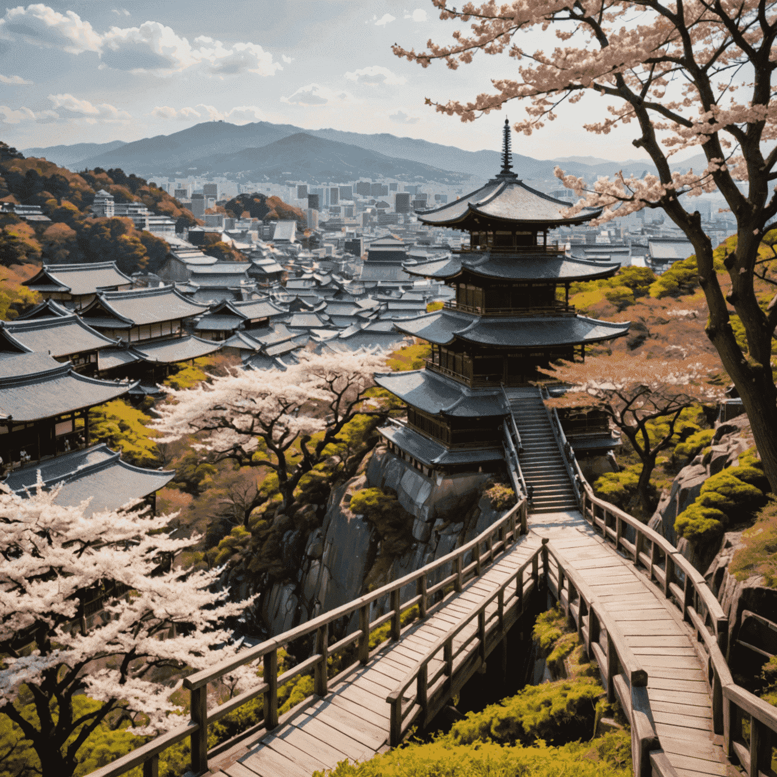 The wooden stage of Kiyomizu-dera Temple jutting out from the hillside, offering a panoramic view of Kyoto. Cherry blossom or autumn foliage surrounds the temple, depending on the season.