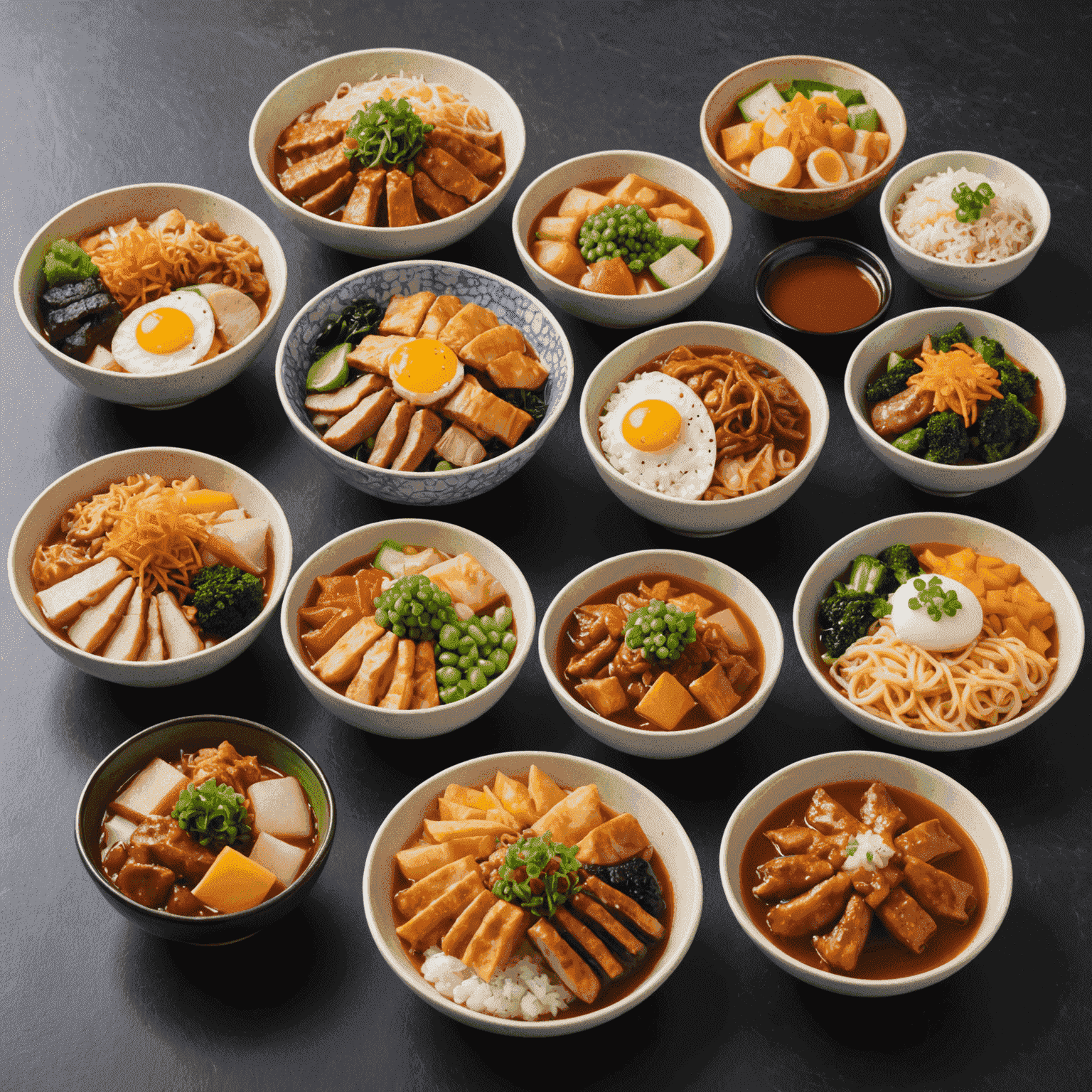 A variety of colorful and appetizing dishes from a Japanese convenience store, showcasing affordable meal options