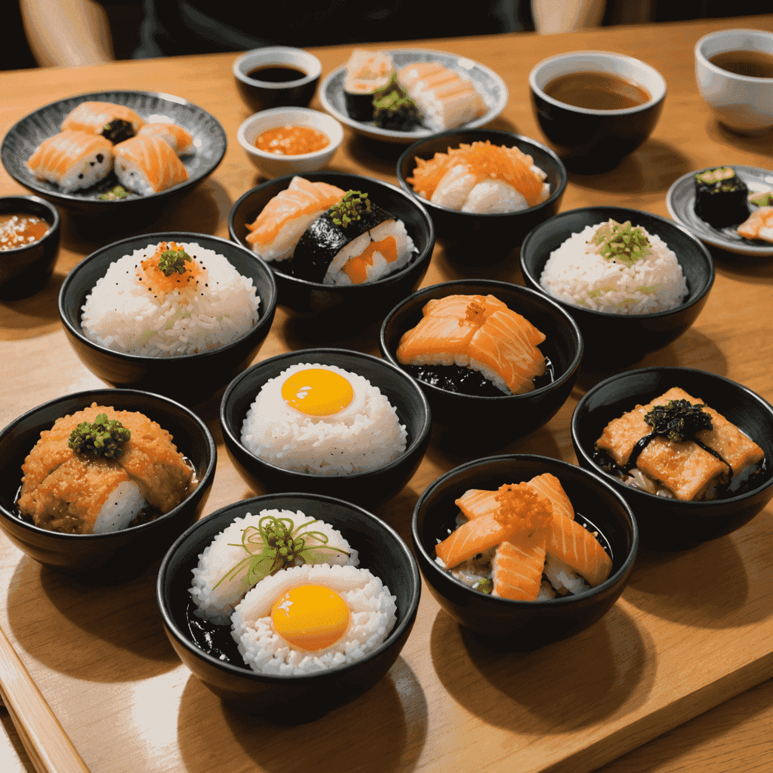 A variety of affordable Japanese food options, including convenience store onigiri, a bowl of ramen from a local eatery, and a plate of budget-friendly sushi.