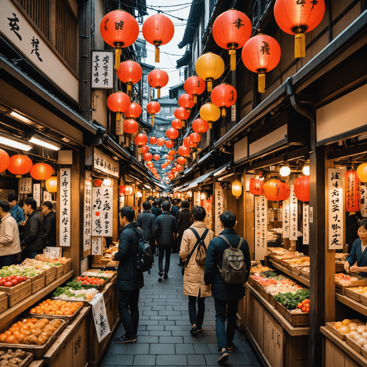 A bustling narrow street of Nishiki Market filled with colorful food stalls, hanging lanterns, and crowds of shoppers. Various Japanese foods and products are on display.