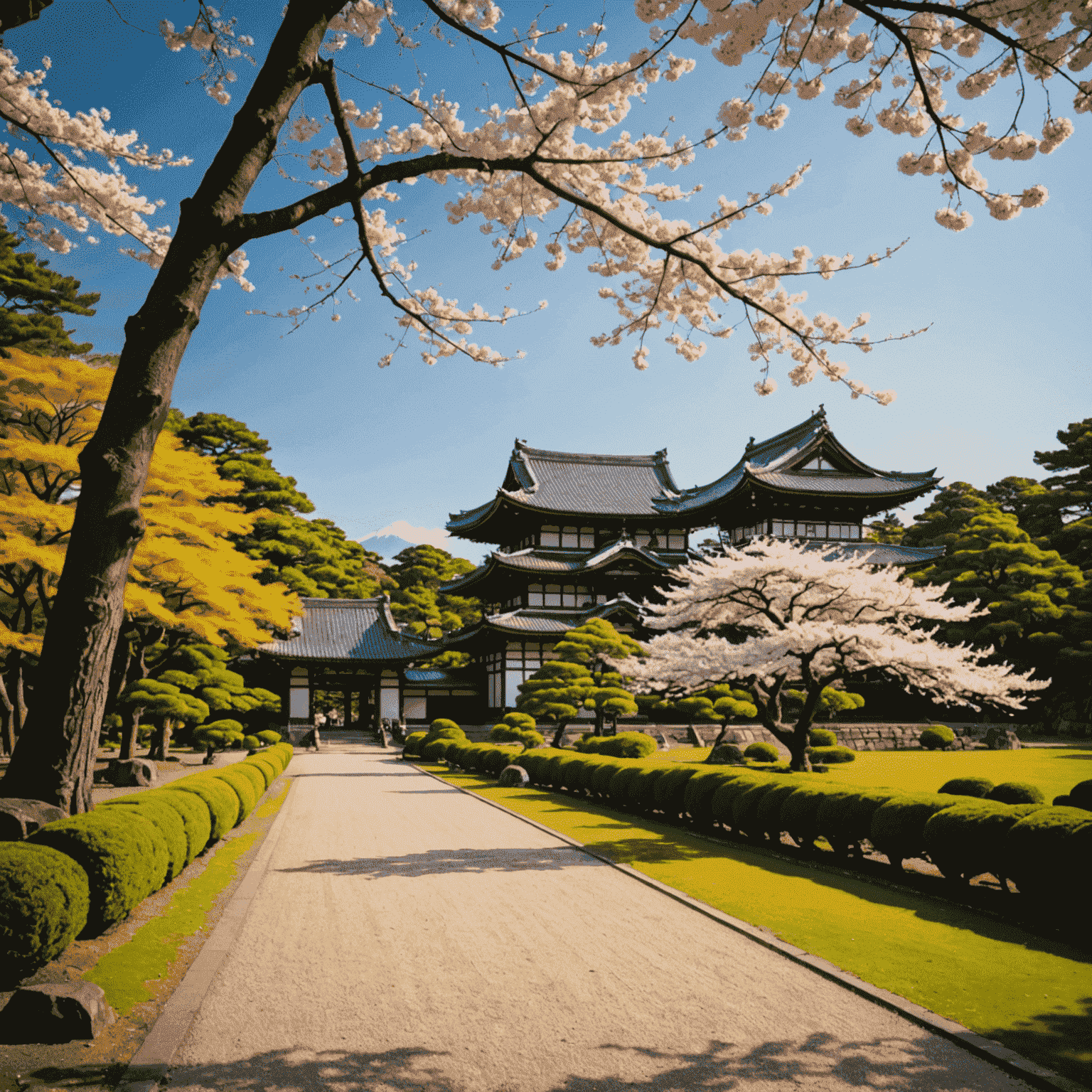 A serene view of the Kyoto Imperial Palace Park with well-manicured gardens, gravel paths, and traditional Japanese architecture in the background. Cherry blossom trees or autumn foliage add seasonal color.